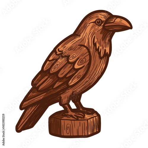 raven wooden sculpture, crow statue illustration