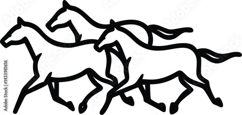 "Dynamic horse silhouettes running through diverse landscapes including desert, jungle, grassland, and mountains under dramatic skies, vector illustration"