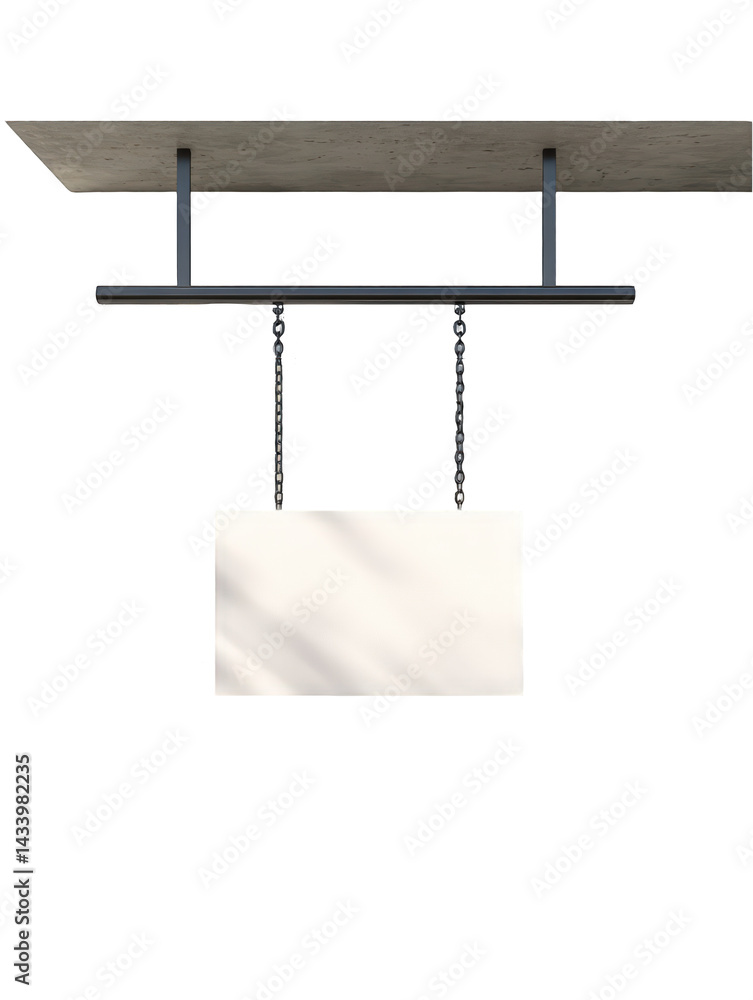 Blank rectangular hanging sign mockup with chain and wood shop grey metal on transparent background Blank rectangular hanging sign mockup with chain and wood shop grey metal on transparent background