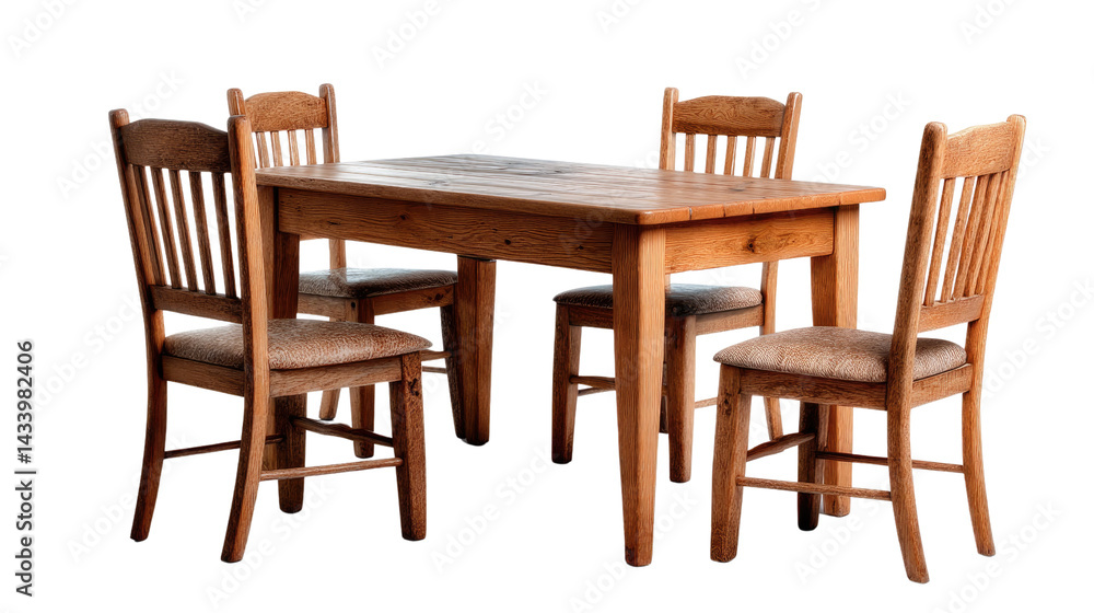 The Wooden Table and Chairs Set: A charming, simple wooden table paired with four elegant chairs, set in a warm, inviting display of home living. The Wooden Table and Chairs Set: A charming, simple wooden table paired with four elegant chairs, set in a warm, inviting display of home living.