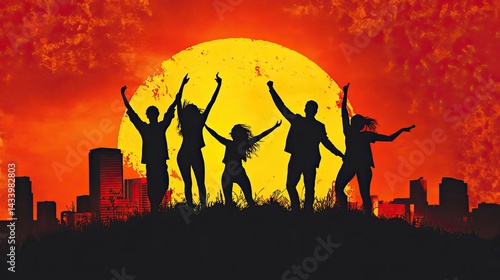 A group of five young people are joyfully walking along a rocky ridge against a golden sunset backdrop.
