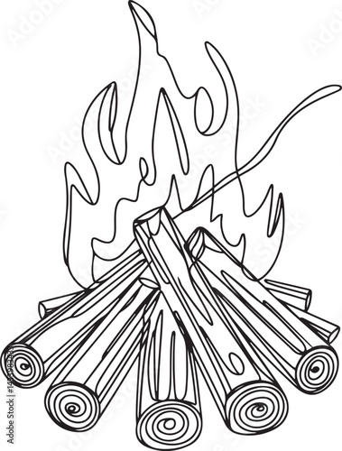 Minimal bonfire sketch in black and white continuous line style for camping warmth survival and wilderness adventure theme on clean white background