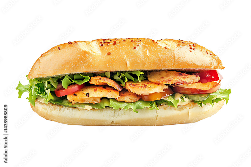 A close up of a large sandwich filled with chicken lettuce and tomato on a black background plain view A close up of a large sandwich filled with chicken lettuce and tomato on a black background plain view