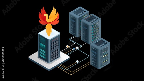 Wallpaper Mural Illustration of a phoenix rising above server racks representing data recovery and resilience in technology Torontodigital.ca