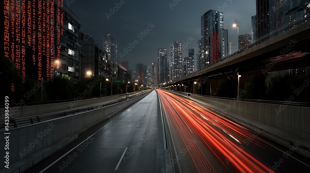 Urban Nightscape with Light Trails and City Buildings Illuminated by Digital Elements Urban Nightscape with Light Trails and City Buildings Illuminated by Digital Elements