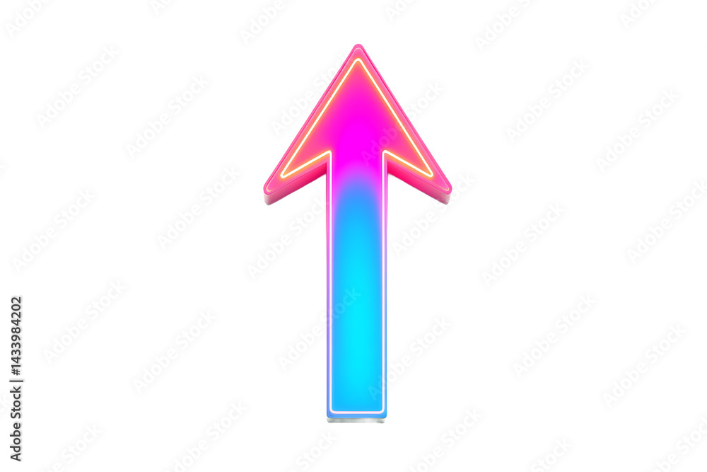 A vibrant neon arrow pointing upwards against a stark black background in a digital rendering style A vibrant neon arrow pointing upwards against a stark black background in a digital rendering style
