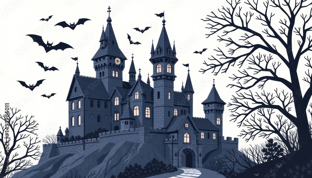Obraz premium A haunted castle with bats flying around, set on a white background.