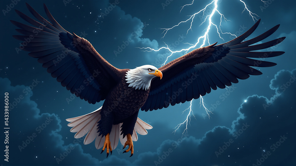 Fototapeta premium Bald Eagle Soaring Through a Stormy Sky: A Powerful Vector for Freedom, Strength, and American Patriotism