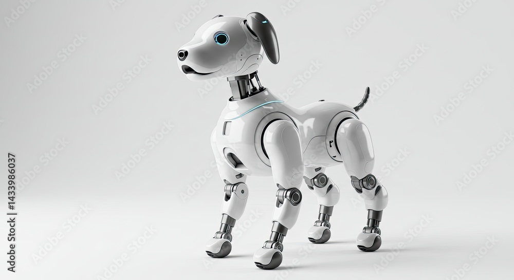 Futuristic robotic dog in white standing on a white surface with bright blue eyes and detailed mechanical parts Futuristic robotic dog in white standing on a white surface with bright blue eyes and detailed mechanical parts