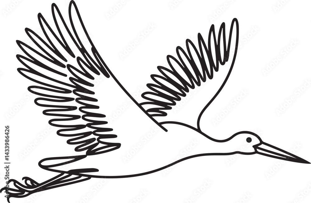 Fototapeta premium Black and white minimalist stork flying in the sky represented in simple continuous line art style expressing migration flight and graceful bird motion