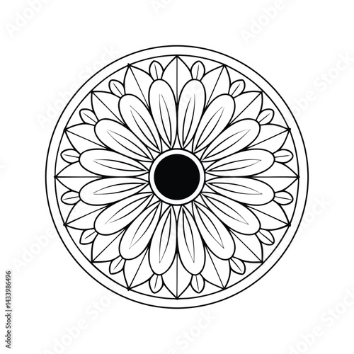 Geometric floral mandala design black and white outline decorative round element simplicity style pattern graphic arts print