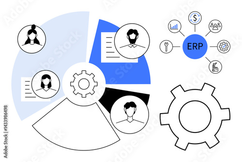 Circular charts with user icons, settings gear, document symbols, ERP hub surrounded by business icons. Ideal for business, workflow, data flow, ERP, teamwork integration simple landing page