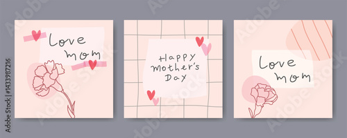 Hand drawn vector Mother's Day cards with handwritten text and playful collage designs.
