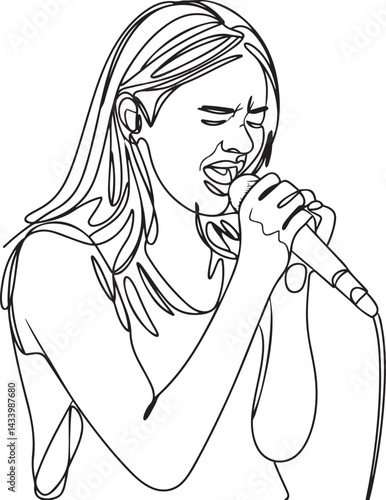 Young black woman singing into a microphone in simple black and white continuous line style wearing white shirt and necklace representing music voice and passion