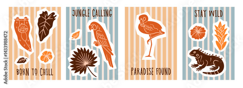 Set of colorful tropical animal postcards with quotes. Includes sloth, parrot, flamingo, and iguana surrounded by jungle leaves and flowers. Perfect for summer designs and kids' projects.