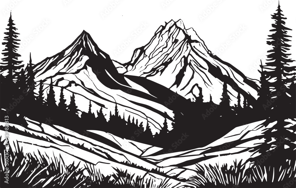 Black silhouette of mountains and fir trees deer stag animals camping adventure wildlife landscape panorama illustration icon vector for logo, isolated on white background Black silhouette of mountains and fir trees deer stag animals camping adventure wildlife landscape panorama illustration icon vector for logo, isolated on white background