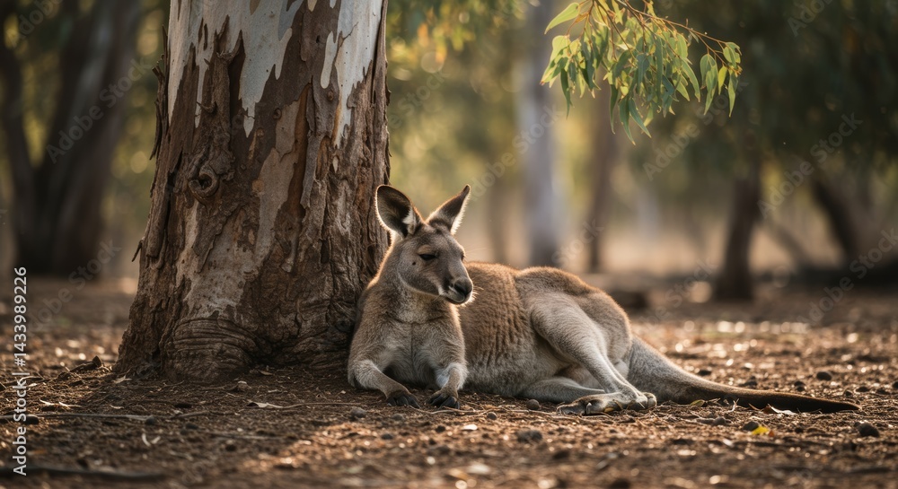 Obraz premium Australian kangaroo seeks refuge from the sun under a eucalyptus tree