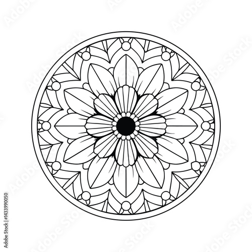 Black and white floral mandala pattern art graphic decorative element relaxation therapy design meditation symbol spiritual theme