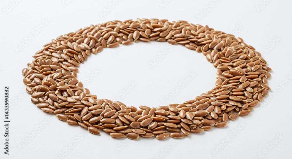 Obraz premium pile of flax seeds arranged in oval shape on white background. generative ai