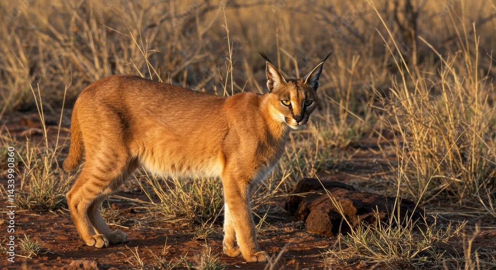 Obraz premium Magnificent Caracal surveying its grassland territory in golden light
