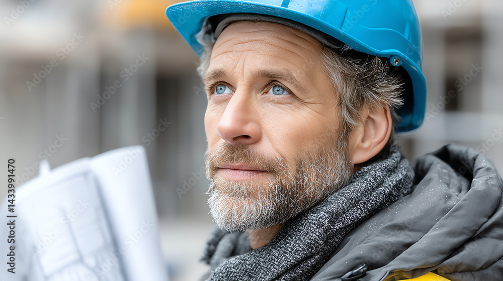 A thoughtful construction worker examines blueprints at a building site, wearing a safety helmet and a warm scarf for comfort. A thoughtful construction worker examines blueprints at a building site, wearing a safety helmet and a warm scarf for comfort.