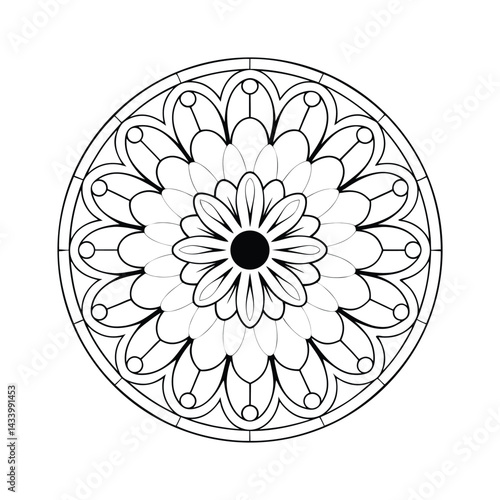 Circular floral mandala design in black and white line art detailed symmetric pattern for coloring pages or graphic projects