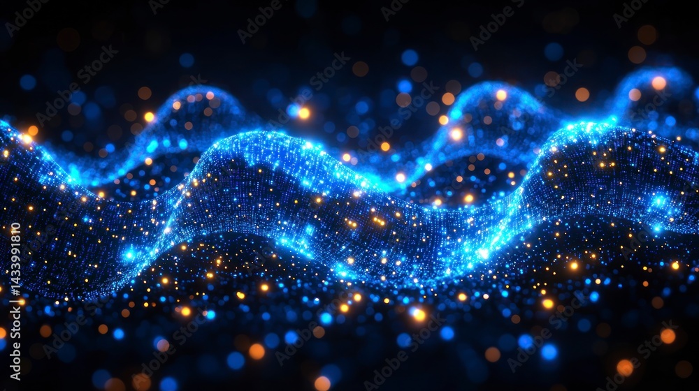 Blue and gold, shiny, particle wave on dark background Blue and gold, shiny, particle wave on dark background