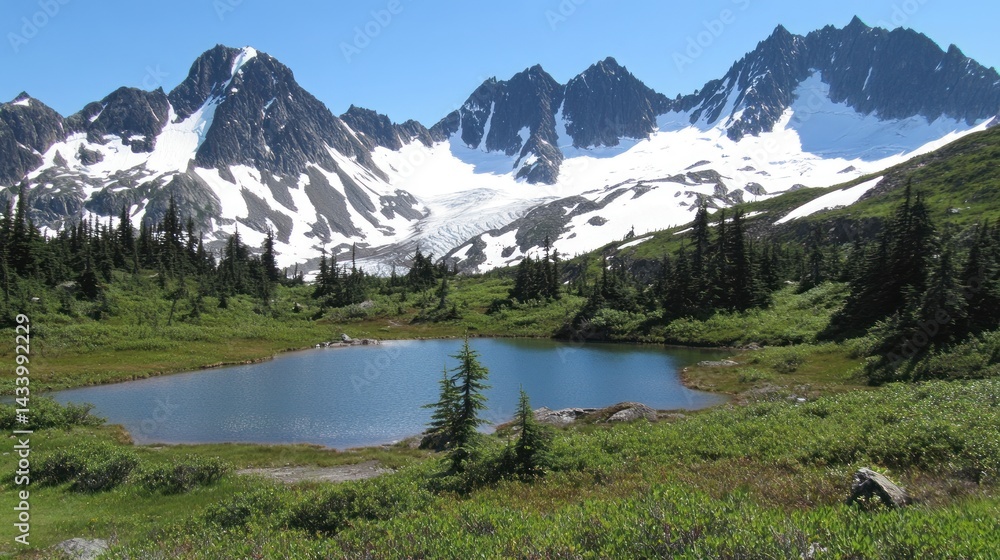 Fototapeta premium Scenic Mountain Lake with Snow-capped Peaks and Evergreen Trees