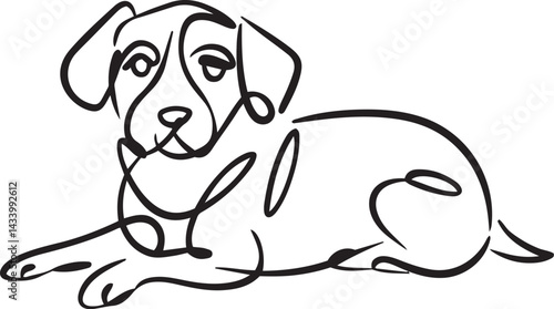 Sleeping or resting cute dog with floppy ears depicted in a continuous black line art style minimalist vector illustration isolated on a clean white background