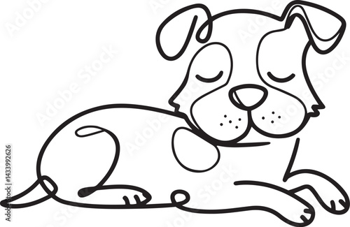 Cute dog with floppy ears lying down illustrated in minimalist black continuous line art style vector drawing isolated on a clean white background perfect for pet lovers
