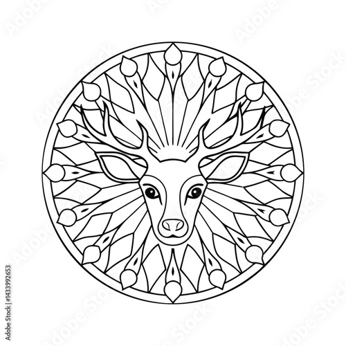 Geometric deer head mandala in black and white line art coloring page design for relaxation and creativity