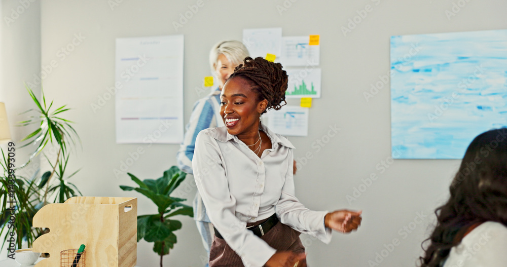 Business woman, celebration and dancing in office for success, promotion or profit with goals in finance job. Employee, dancer and winner with investing, growth or happy for achievement in workplace