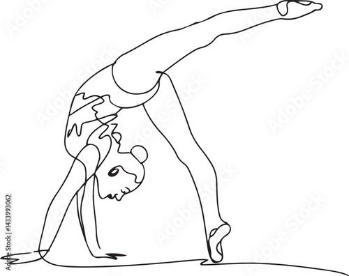 Rhythmic gymnast performing a handstand pose drawn in minimalist black continuous line art style athletic illustration isolated on white representing grace balance and fitness