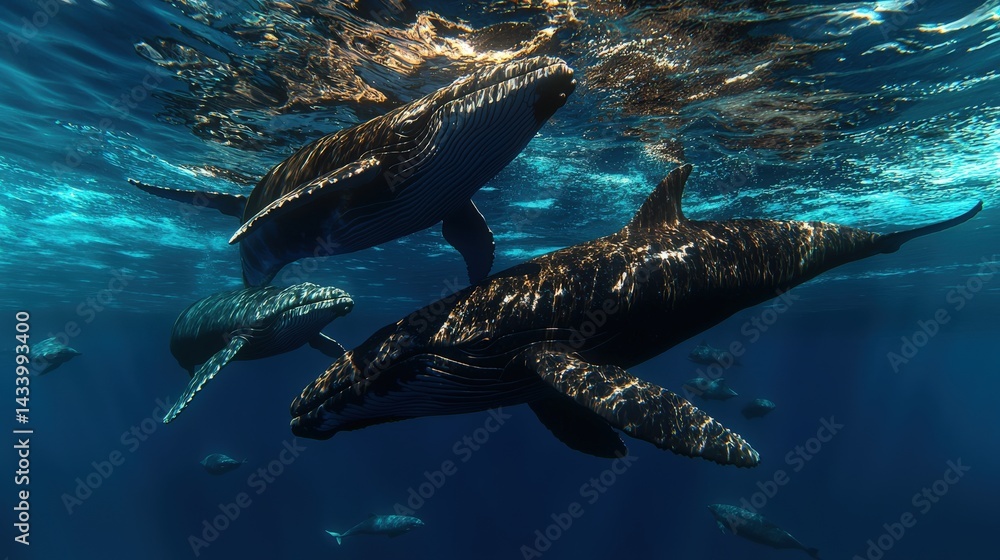 Naklejka premium Humpback whales swimming gracefully in ocean depths underwater photography marine environment close-up view