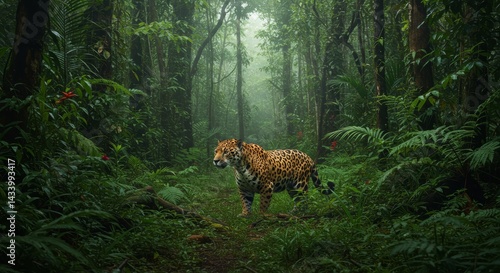 Jaguar's gaze, Intense wildlife portrait amidst tropical forest verdancy