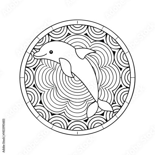 Dolphin mandala line art for coloring books relaxing patterns stress relief simple design marine life illustration