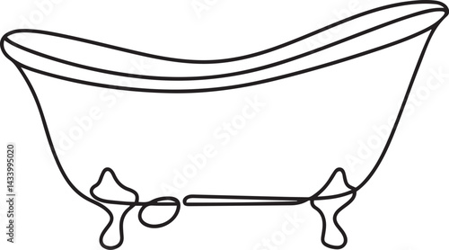 Minimalist continuous line art vector of a classic clawfoot bathtub in black on a clean white background showcasing elegant bathroom design with vintage style appeal