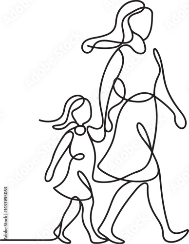 Black and white minimalist continuous line art of a mother happily walking with her daughter showing love and family bond in a modern vector illustration style