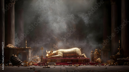Golden Bull Exhibit In Ancient Roman Temple