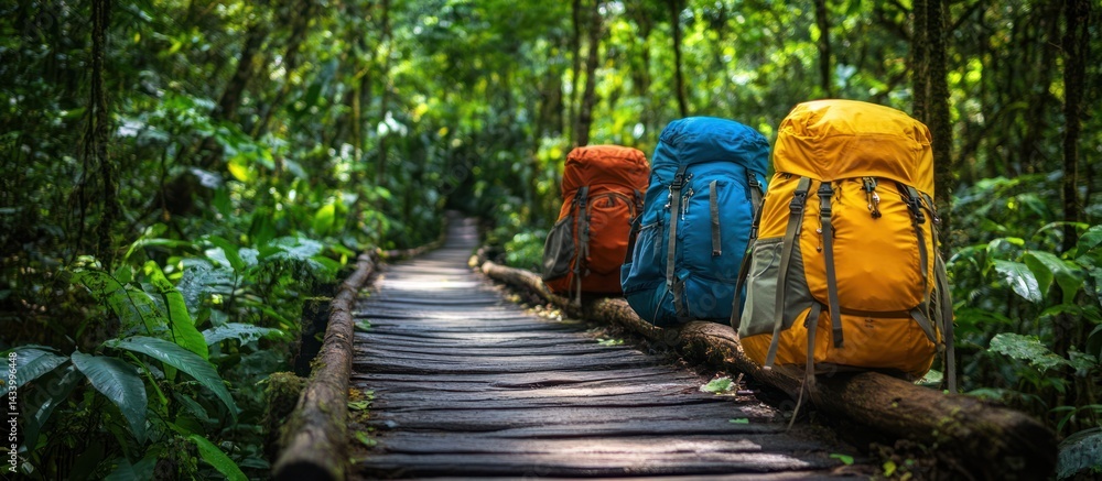 Fototapeta premium Rainforest trek Backpacks on jungle path