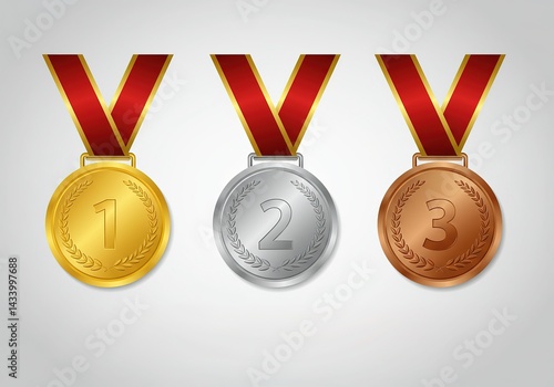 Set of Golden, Silver, and Bronze Medals with Laurel Wreath and Red Ribbon Detail