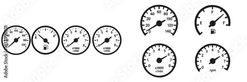 Various types of automotive gauge designs displaying engine performance, fuel levels, and speed measurements on a clean background