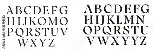 Stylized alphabet displays featuring uppercase letters in elegant serif font for creative design projects