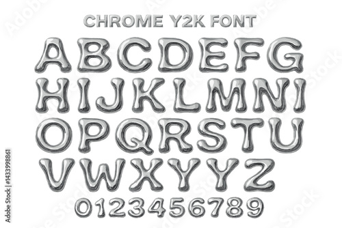 Chrome Y2K font design showcasing shiny letters and numbers in a modern, futuristic style