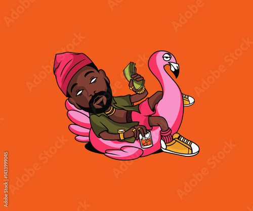 rich man with brown skin and flaminggo pool toy