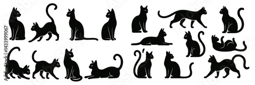 Various black cat silhouettes in playful poses create a whimsical pattern for design projects and artwork