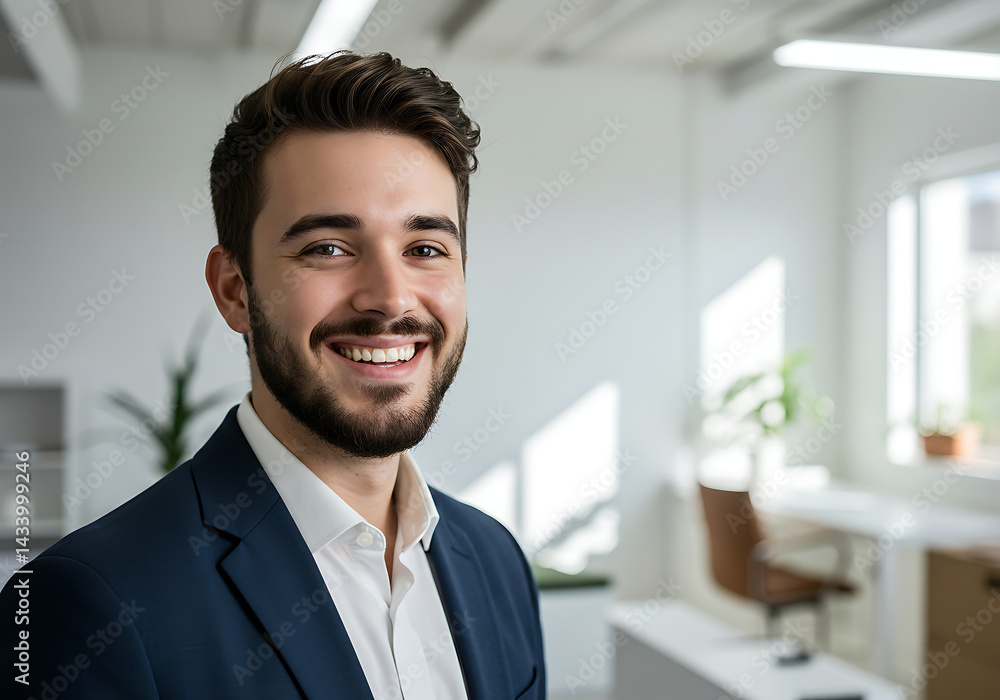 A confident businessman with a charming smile looking directly at the camera. He's standing in a bright, modern office. He's wearing a blue suit jacket over a white shirt. A confident businessman with a charming smile looking directly at the camera. He's standing in a bright, modern office. He's wearing a blue suit jacket over a white shirt.