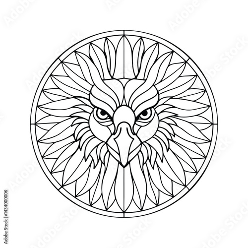 Detailed griffin head geometric illustration striking line art drawing with bold circular border for coloring books and creative projects