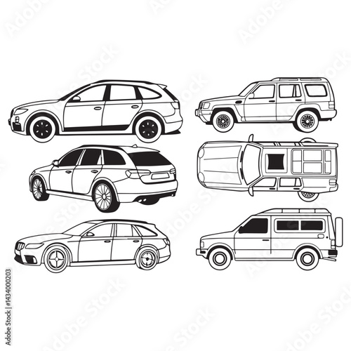 Vehicle elevation and top view vector flat illustration collection ideal for architectural design vector