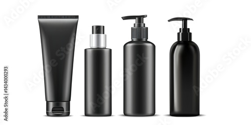 Black cosmetic packaging set mock-up isolated on white background. 3D vector